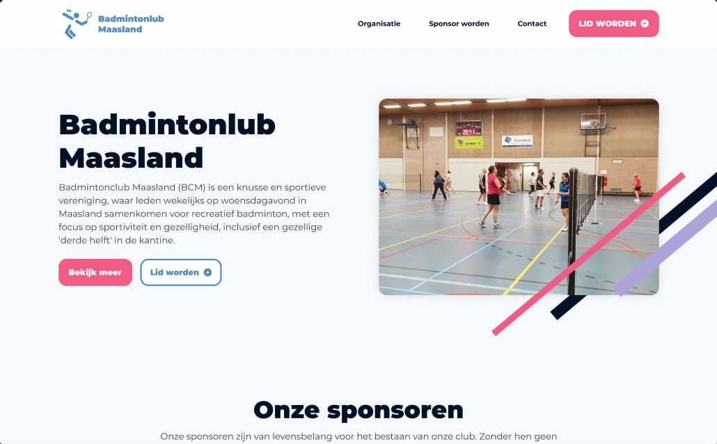 Screenshot van de website van Badmintonclub Maasland